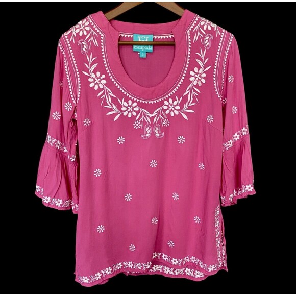escapada Tops - Escapada Womens Embroidered Tunic Top Bell Sleeve Pink White Sz S Boho Fairy